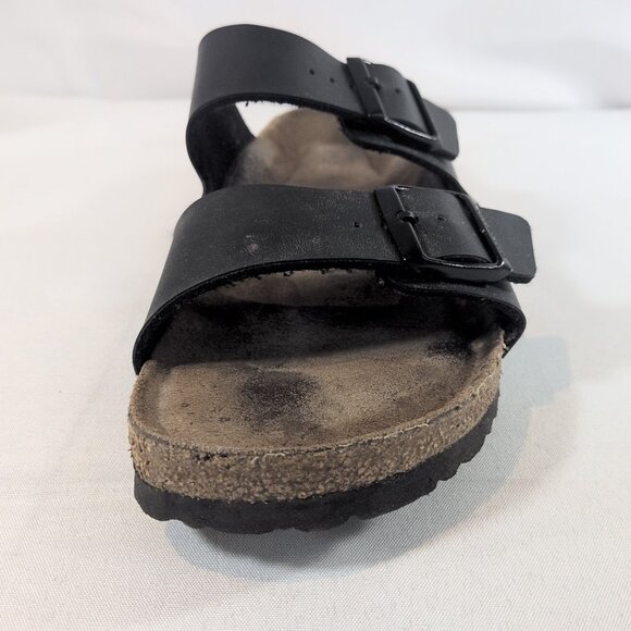 Birkenstock 41 Arizona Black Leather Sandals Pebbled Slip On 2 Strap Buckle 10 - Picture 15 of 16
